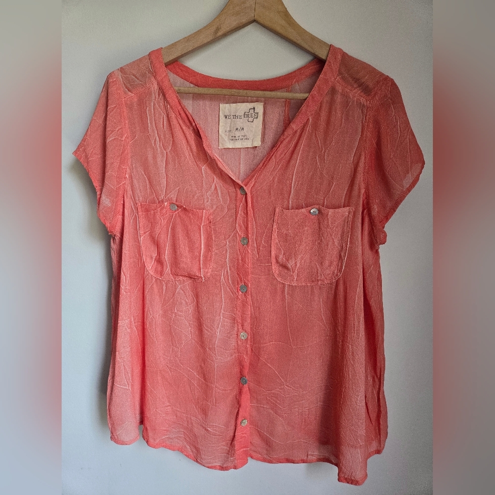 WE THE FREE By Free People Viscose Coral Button-Up Top